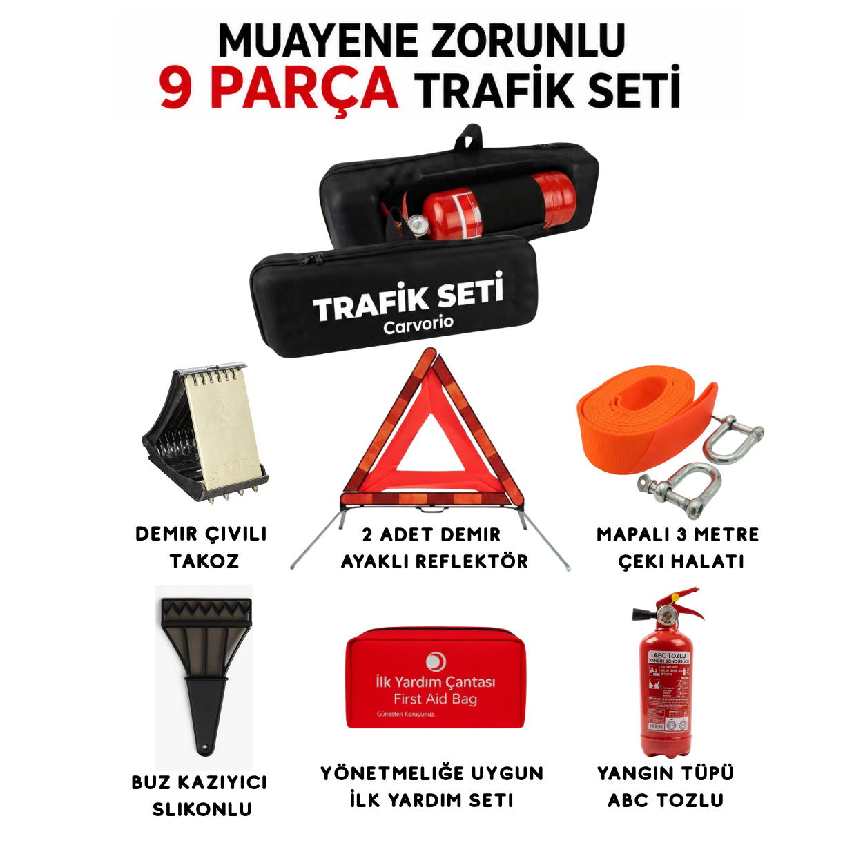 CARVORIO® 9 Parça Araç Trafik Seti | Muayene Uyumlu | Yıldız Çanta