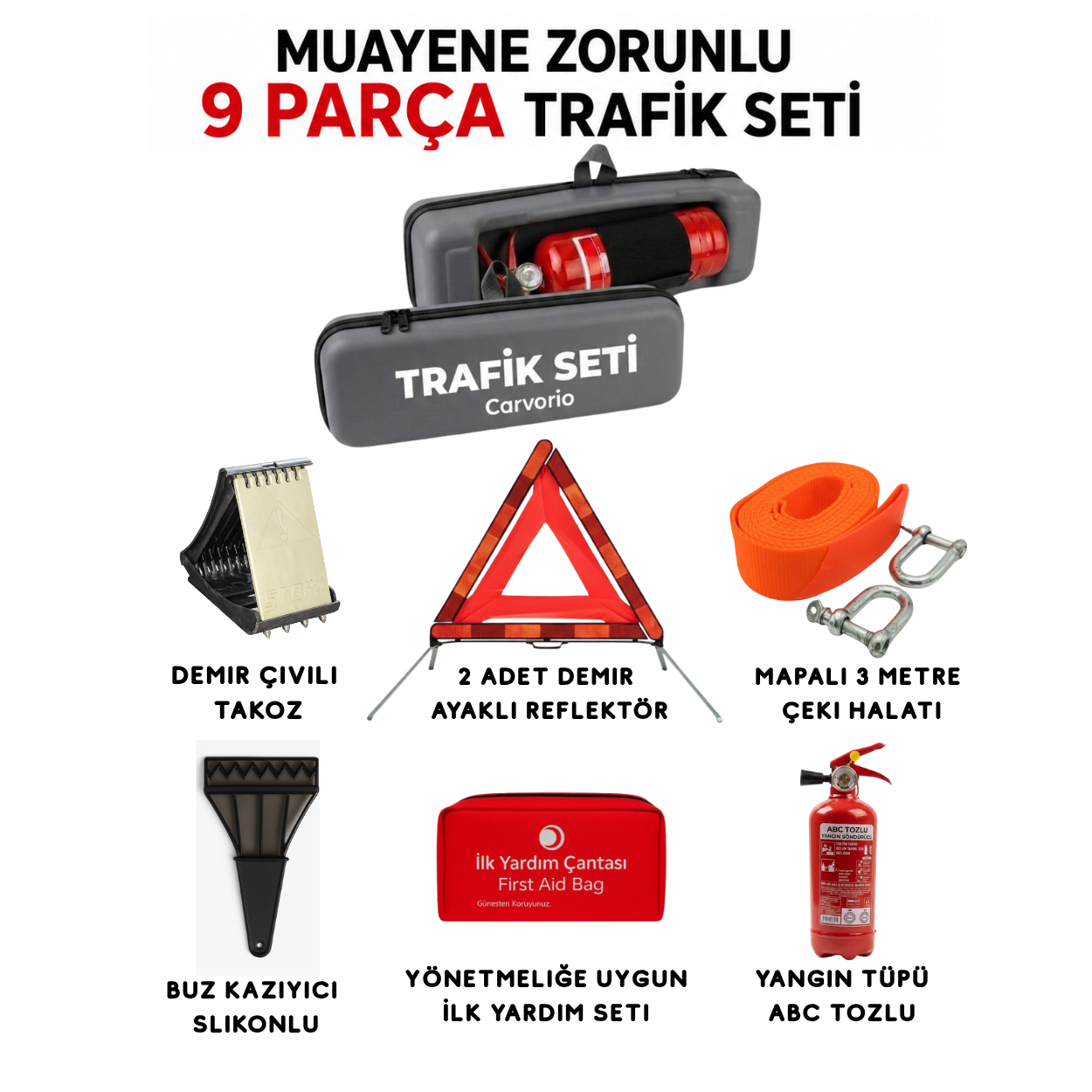 CARVORIO® 9 Parça Araç Trafik Seti | Muayene Uyumlu | Yıldız Çanta