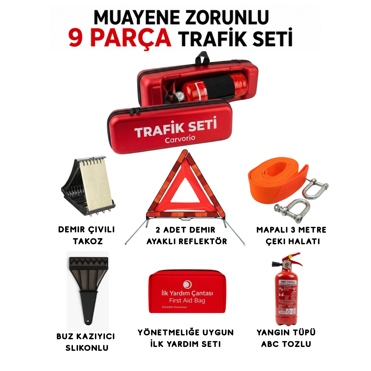CARVORIO® 9 Parça Araç Trafik Seti | Muayene Uyumlu | Yıldız Çanta